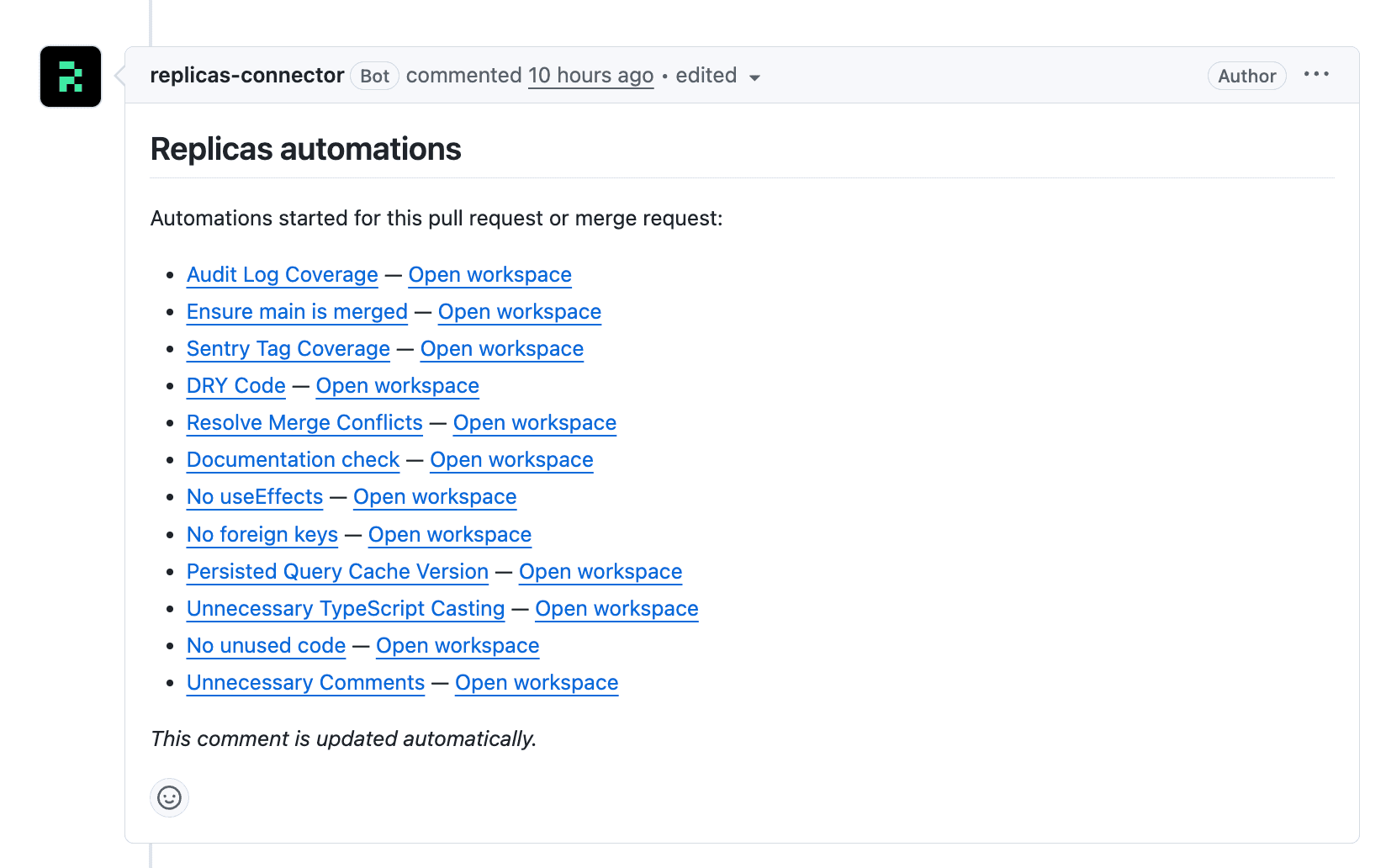 GitHub comment showing Replicas automations launched for audit logs, Sentry tags, DRY code, React effects, TypeScript casting, unused code, and other checks
