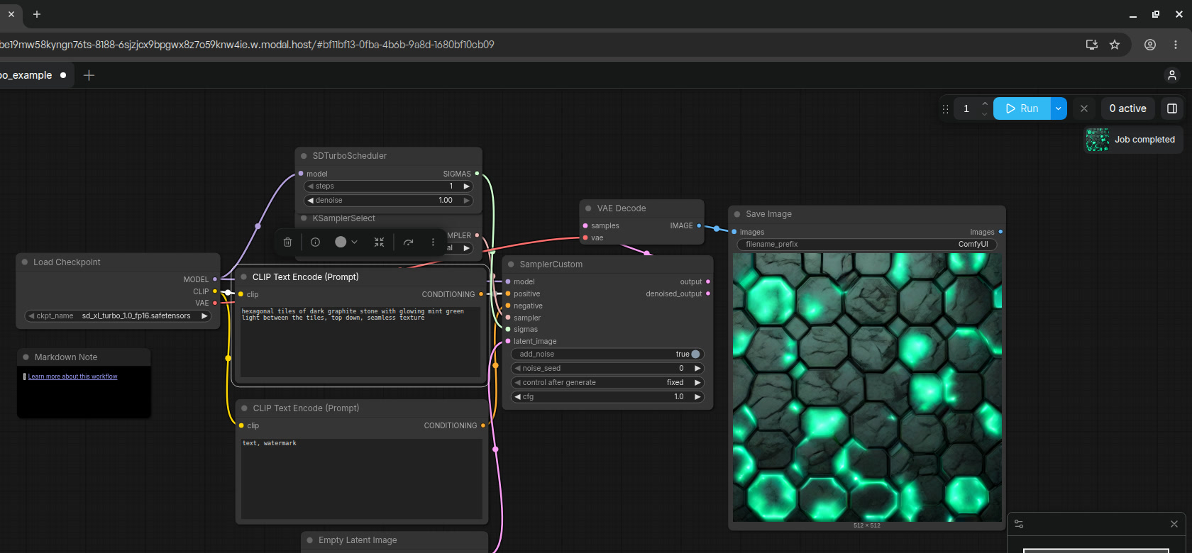ComfyUI running on a cloud A10G, opened in Chrome on the workspace desktop, with a generated hexagon texture