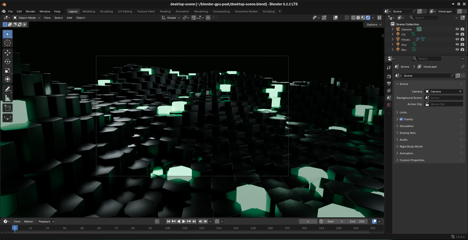 Blender 5.2.2 on the workspace desktop with a grainy Cycles viewport of the hexagon scene