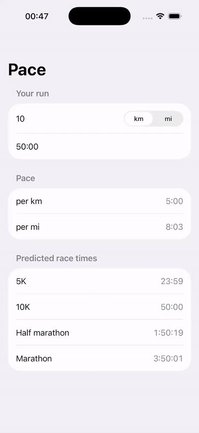 Pace on a cloud iOS simulator: the distance changes to 21.1, the time to 1:45:00, the unit switches to miles, then a distance of 0 shows a hint instead of results
