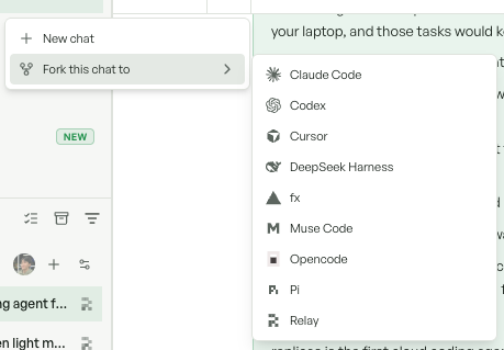 The menu for forking a Replicas chat to another coding agent