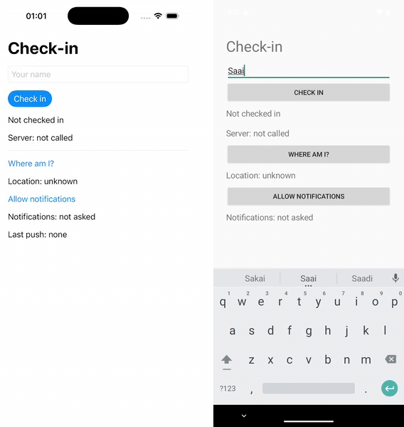 Side by side: the iOS simulator on the left and the Android emulator on the right. On each, the agent checks in as Saai, the workspace dev server replies, the location changes to 52.3676, 4.9041, notifications are allowed and a notification arrives