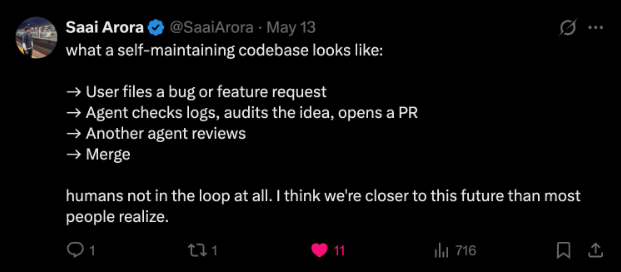 Tweet from Saai Arora describing what a self-maintaining codebase looks like
